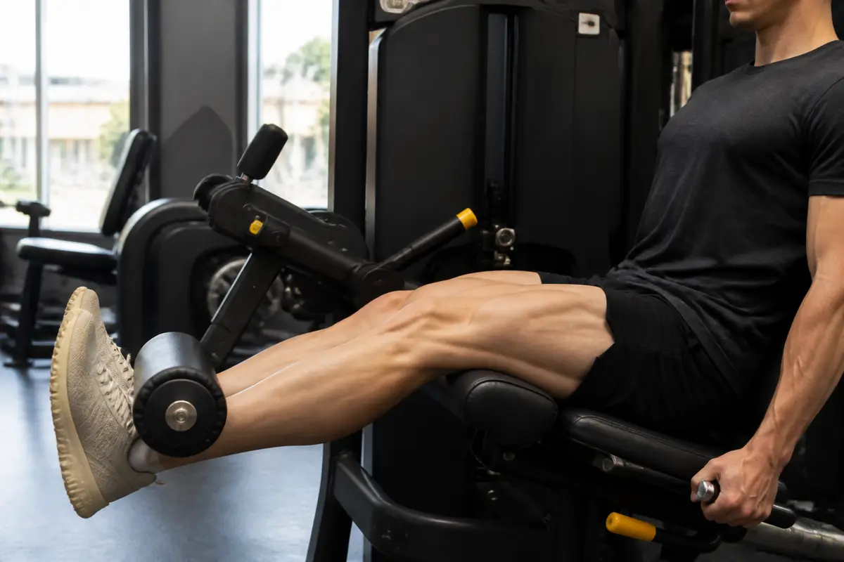 Homme faisant une extension de quadriceps à la salle de sport sur appareil de musculation