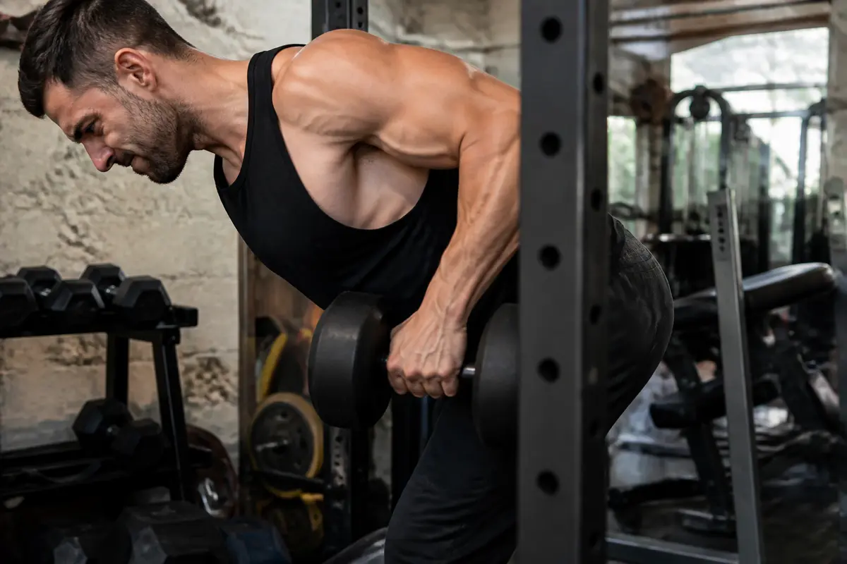 Homme musclé naturellement soulevant des haltères dans une salle de sport