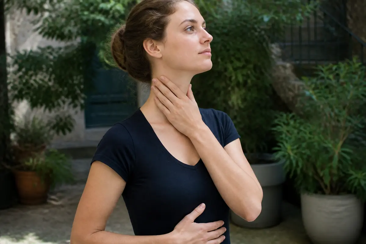 Femme touchant sa gorge pensivement incluant liste de muscles pour eln et voix