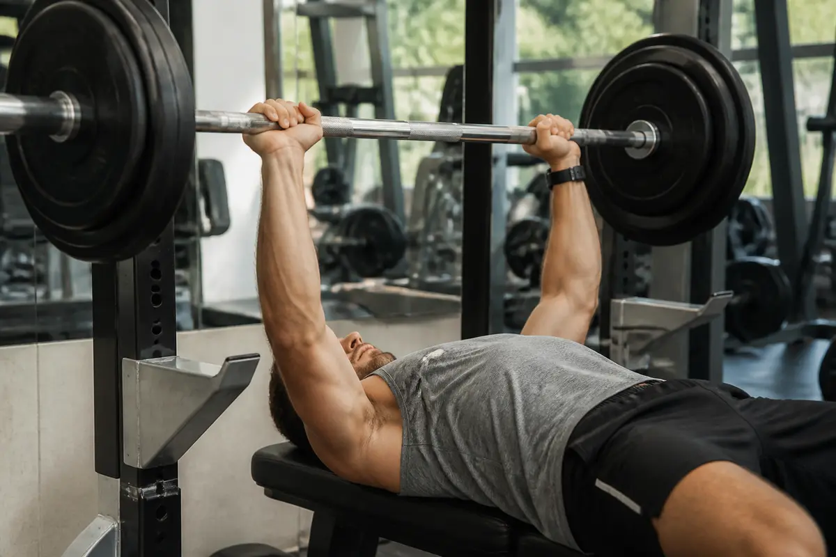 Homme levant des poids sur un banc pour la musculation bench en salle de sport