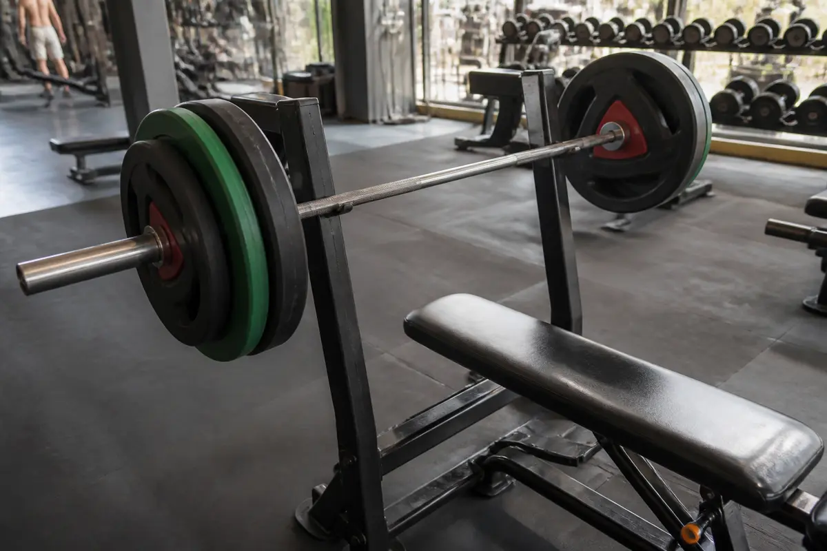 Banc de musculation avec barres et poids pour développé couché en salle de sport
