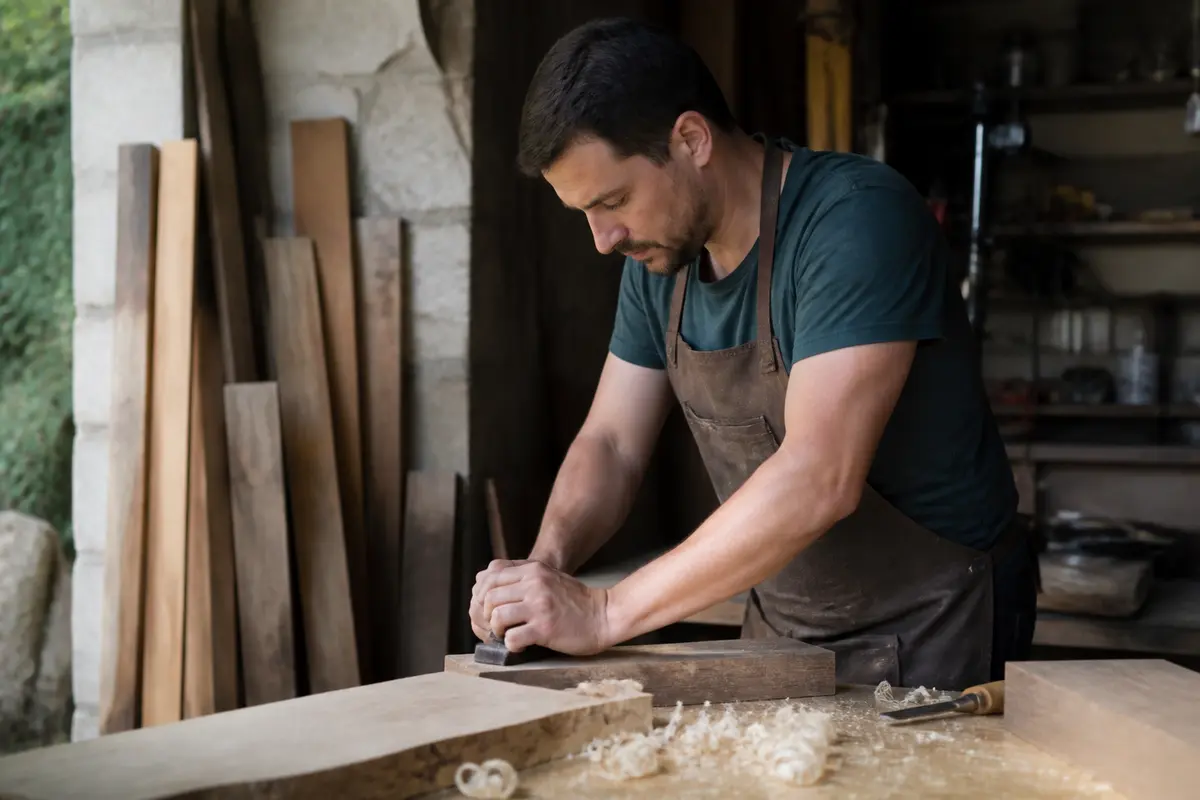 Homme travaillant le bois avec tour de bras moyen dans un atelier de menuiserie